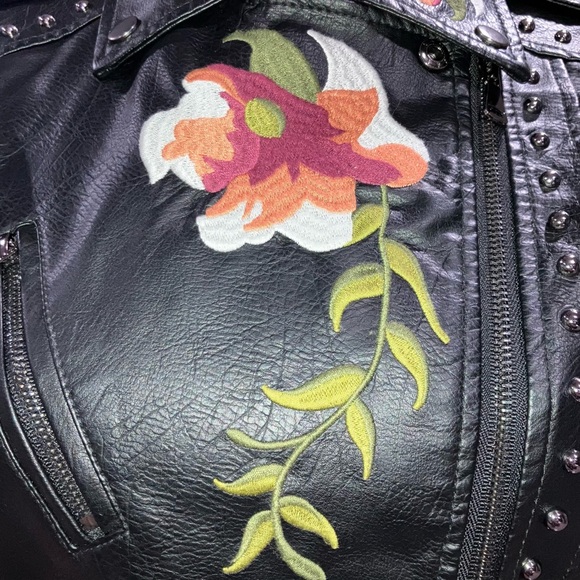 🎉Chic Boho Gorgeous Floral Print Embroidery Faux Leather Moto Bomber Jacket S - Picture 8 of 16